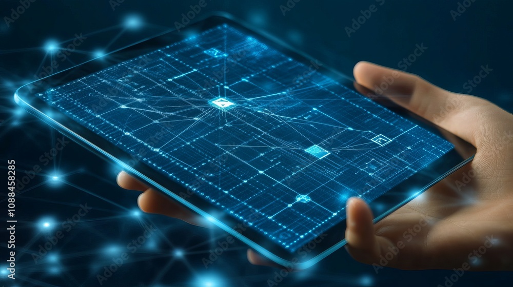 Poster innovative user interacts with transparent smart tablet displaying advanced connectivity features hi