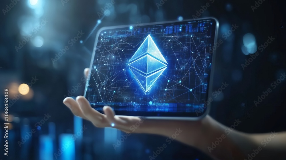 Poster innovative user interaction with transparent tablet showcasing smart contract technology in a futuri