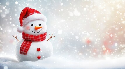 Obraz premium Happy snowman standing isolated on white background. Merry christmas and happy new year greeting card. Funny snowman in hat on snowy background. Copy space for text