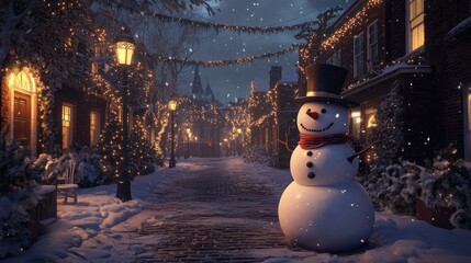 Fototapeta premium Happy snowman standing in winter christmas town street