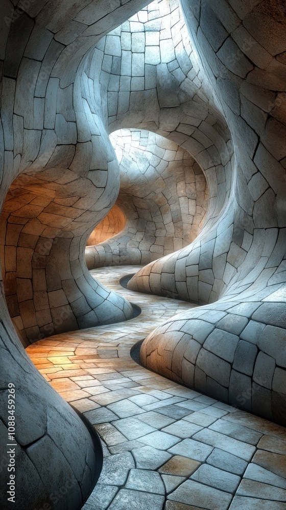 Poster abstract architectural space with flowing forms and illuminated pathways.
