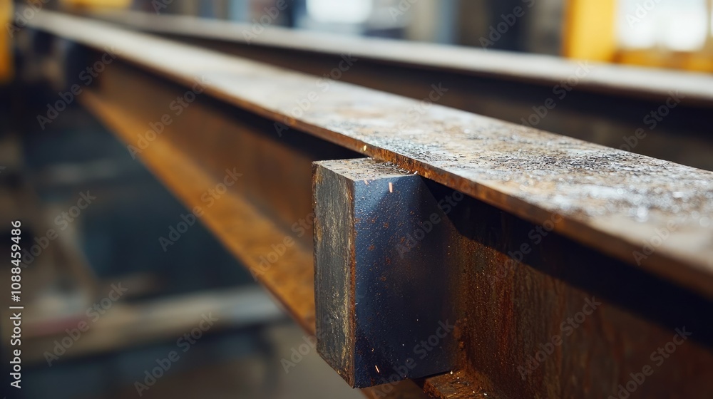 Poster rusty metal beam in industrial workshop with focus on textured surface and background machinery, sho