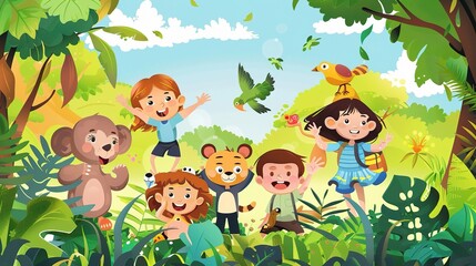 Cute Children's Cartoon Background - A Whimsical World of Fun and Imagination for Kids. The Colorful and Playful Elements, with Charming Characters and Cheerful Scenes