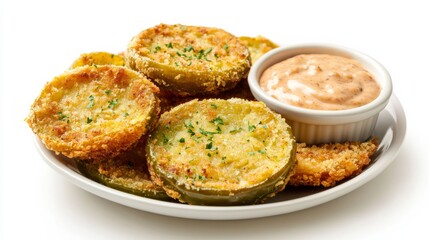 A plate of crispy fried green tomatoes with a golden cornmeal crust and a side of spicy remoulade sauce, Each slice&rsquo;s tangy flavor and crunchy texture captured with precision