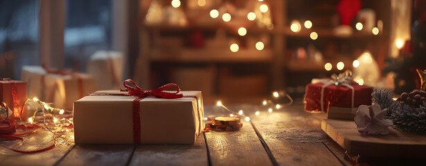 Christmas gift boxes wrapped in red and gold, adorned with ribbons and bows, await under the sparkling Christmas tree