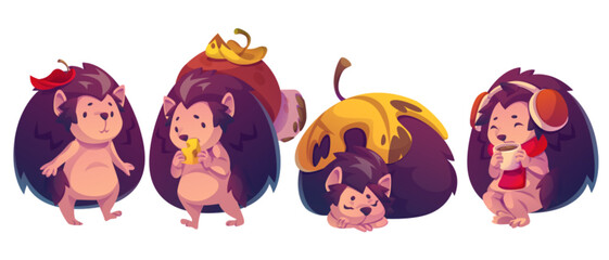 Cute hedgehog character on autumn. Cheerful spiky mascot holds mushroom on thorns and eats cheese, sleeps covered with yellow leaf, drinks hot tea or coffee in scarf, stands with fall foliage. © klyaksun