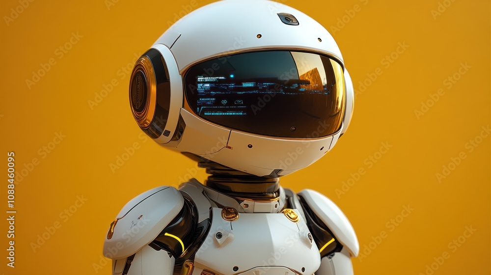 Poster a futuristic robot with a sleek design and visor display.