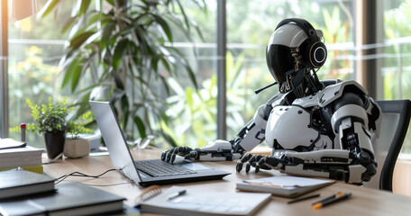 AI humanoid robot sitting at an office desk, typing on a laptop keyboard, symbolizing evolution, technology, and AI training.