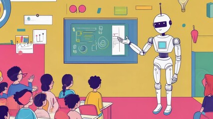 A robot educator explains various technology concepts to a captivated group of students. The vibrant classroom is filled with colorful decor that enhances learning.
