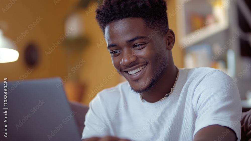 Poster a young man is smiling while using a laptop