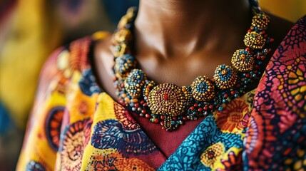 Vibrant African-Inspired Jewelry with Colorful Beads and Patterns in Traditional Clothing Captures the Essence of Cultural Heritage and Artisan Craftsmanship