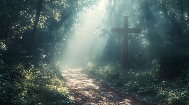 Christian cross overlaid with a foggy forest path, the mist creating a soft, dreamy blur, sunlight filtering through the leaves and casting dappled shadows, peaceful and contemplative mood,