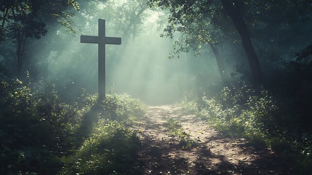 Christian cross overlaid with a foggy forest path, the mist creating a soft, dreamy blur, sunlight filtering through the leaves and casting dappled shadows, peaceful and contemplative mood, - Powered by Adobe