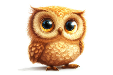 Fototapeta premium A cute, cartoon-style owl with large eyes and fluffy feathers, set against a white background.