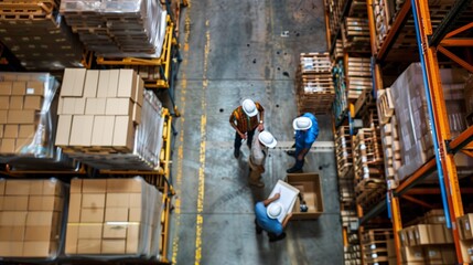 Team meeting in a warehouse to brainstorm ideas. Engineers, supervisors, and workers join forces to improve warehouse operations and efficiency, discussing logistics and transportation strategies.