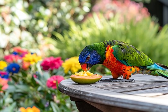parrot eat piece of fruits