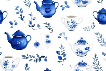 Elegant Chinese tea sets featuring seamless blue floral motifs, perfect for a serene tea experience.