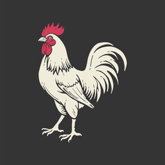 Vintage Illustration of a White Rooster on Dark Background