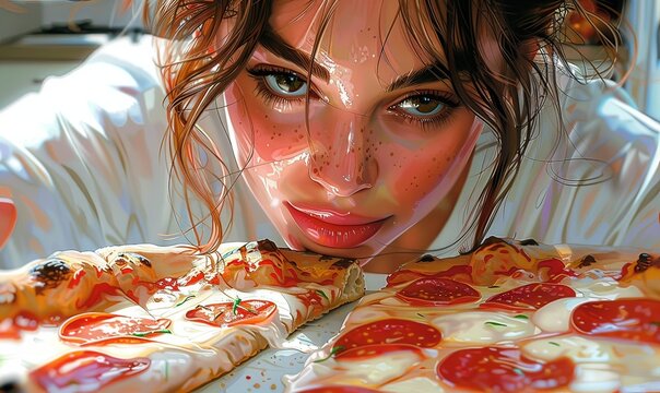 In a lighthearted moment, a woman playfully reaches into a washing machine to grab a slice of pizza, showcasing vibrant toppings in a humorous take on household tasks