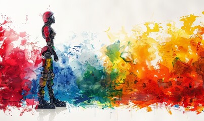 A confident individual stands tall, featuring a detailed leg prosthesis, symbolizing strength and innovation against a backdrop of vibrant watercolor hues, embodying empowerment and resilience