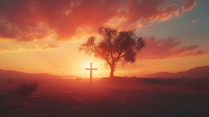 Fototapeta premium Cross blended with a desert landscape at sunset, the silhouette of a lone tree merging into the cross, warm tones of the sky reflecting on the sand, tranquil and ethereal scene,
