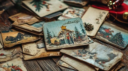 Vintage Christmas Cards and Decorations on Rustic Wooden Table with Pine Cones, Holiday Cheer, Nostalgic Winter Scenes for Festive Celebration