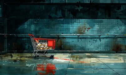 Under flickering lights, a nearly empty shopping cart filled with essentials sits on a wet floor in an abandoned grocery store, evoking an eerie yet poignant sense of minimalism and need