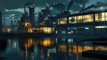 Industriegebiet mit auf dem Wasser reflektierten Nachtlichtern, das eine gro&Atilde;e &Atilde;lraffinerie und moderne Fabrikgeb&Atilde;&curren;ude zeigt, Konzept Industrie