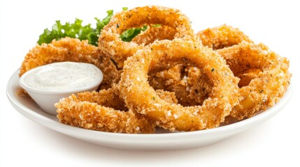 A plate of crispy onion rings coated in seasoned breadcrumbs and served with a side of ranch dressing, Each ring golden and crunchy