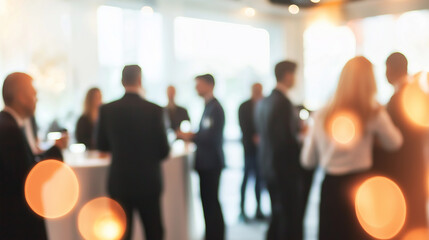 Innovation Forum Blur: A blurred shot of a corporate innovation forum with professionals gathered. 