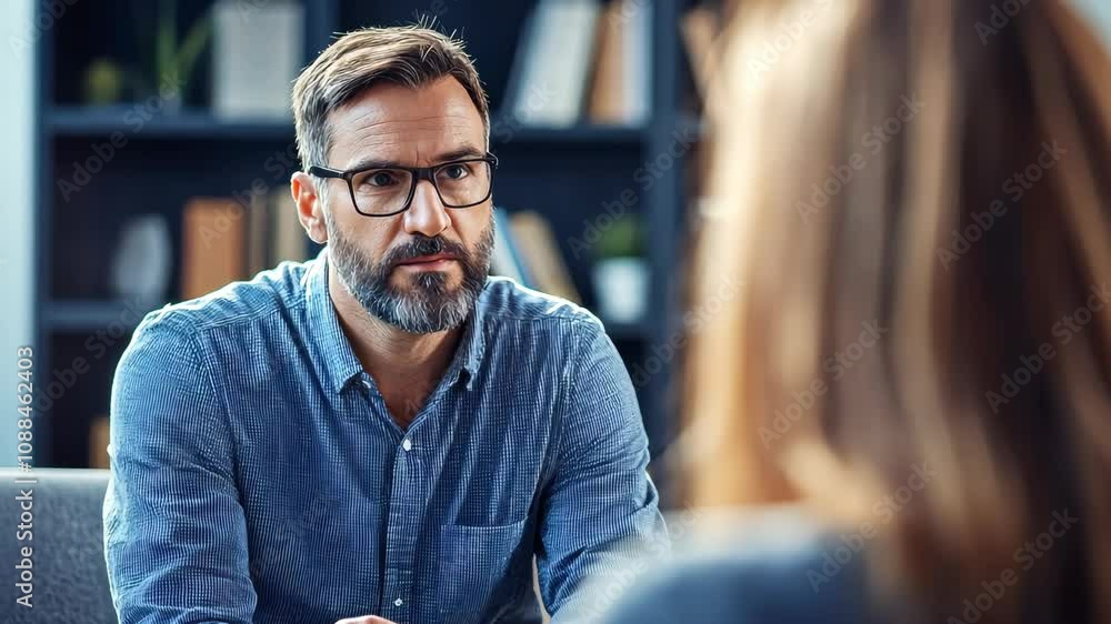 Poster a professional discusses important matters with a client in a contemporary office space. the interac