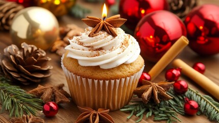 Festive Cupcake with Candle and Seasonal Decorations
