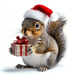 Cute squirrel in a Santa hat holding a Christmas gift.