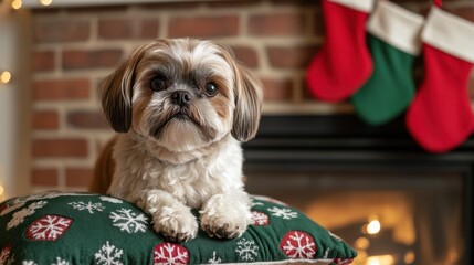 Naklejka na ściany i meble A shih tzu sitting atop a plush holiday pillow near a beautifully decorated mantle with stockings, copy space, Merry Christmas background, cozy home decor, festive pet charm
