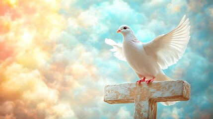 Obraz premium Cross overlaid with the image of a dove gliding gracefully, the wings forming a soft halo around the silhouette of the cross, soft pastel sky in the background, peaceful and harmonious vibe,