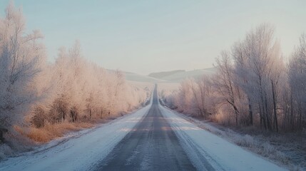 Obraz premium Snowy Road Through Winter Forest