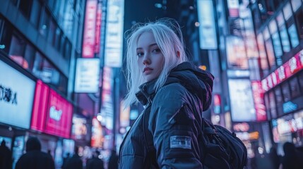 Obraz premium Neon City Nights with Cyberpunk woman Portrait