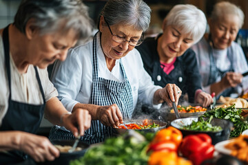 A group of seniors sharing healthy recipes in a cooking class. They enjoy learning new dishes while staying active