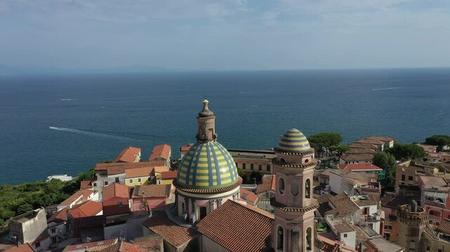 Aerial view of the sea, promenade and central part of the town of Vietri sul Mare on a sunny summer day, Raite, Salerno, Italy