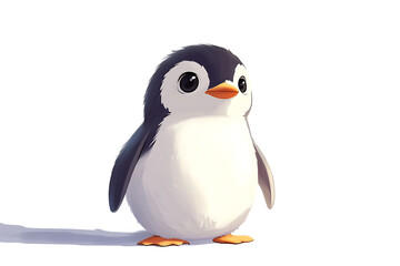 Fototapeta premium A cute, cartoon-style penguin with big eyes and a small orange beak, standing against a white background.