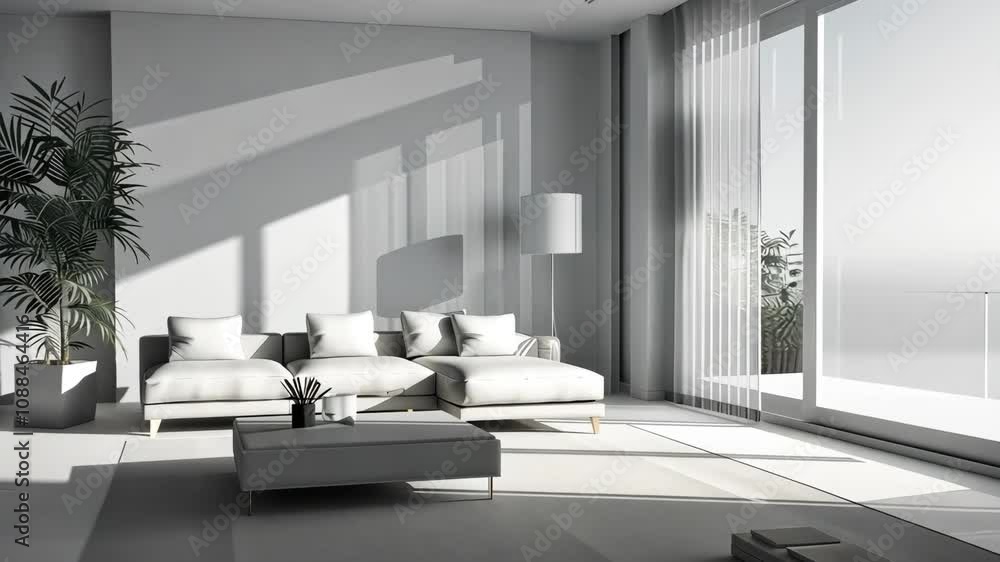 Poster this serene living room features a modern minimalist design with soft colors and large windows allow