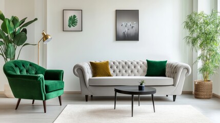 Living room with green armchair and gray sofa on empty white wall background