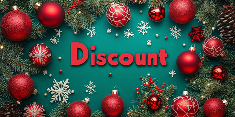 Naklejka premium Christmas discount offer with a festive arrangement of ornaments and the word 
