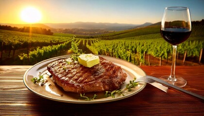 Savoring grilled ribeye steak with butter napa valley vineyard culinary delight sunset view gourmet experience