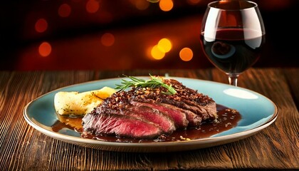 Savoring gourmet steak dinner with red wine cozy restaurant culinary art romantic ambience close-up view gastronomy experience