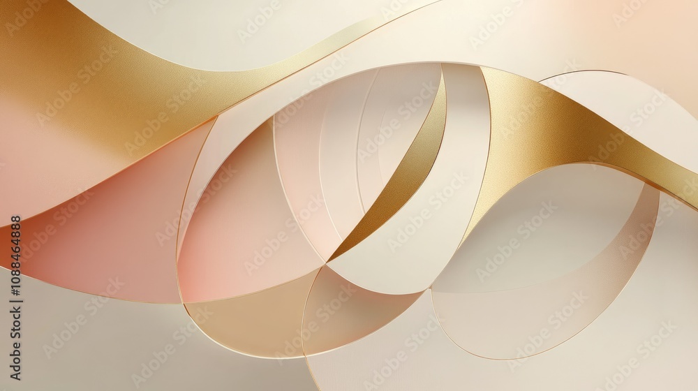 Poster abstract composition of flowing curves in soft pastel tones with metallic highlights for elegant bac