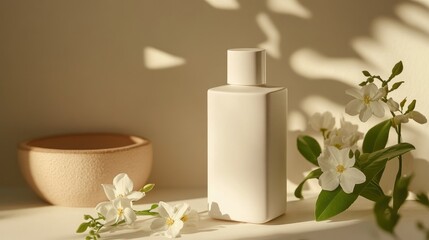 Elegant Minimalist White Bottle with Fresh Flowers on Soft Background Creating a Serene and Inspiring Atmosphere for Wellness and Beauty Products