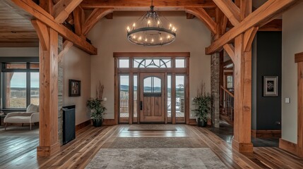 Cozy yet sophisticated entryway featuring timber beams, a large rustic door, and modern decor touches for a balanced look.