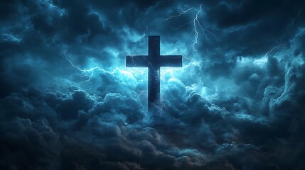 Cross silhouette overlaid with storm clouds and lightning, the sky filled with dark, swirling clouds, bright electric bolts highlighting the cross, powerful and dramatic mood, intense contrast,