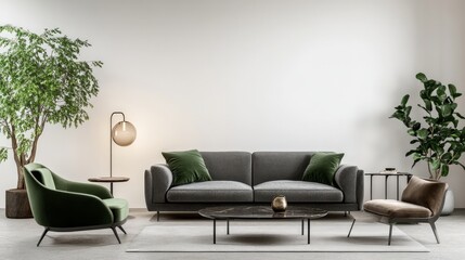 Living room with green armchair and gray sofa on empty white wall background